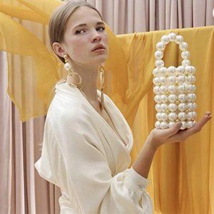 Beaded Handbag for Women White Pearl Decoration Evening Bags with Detachable Cha